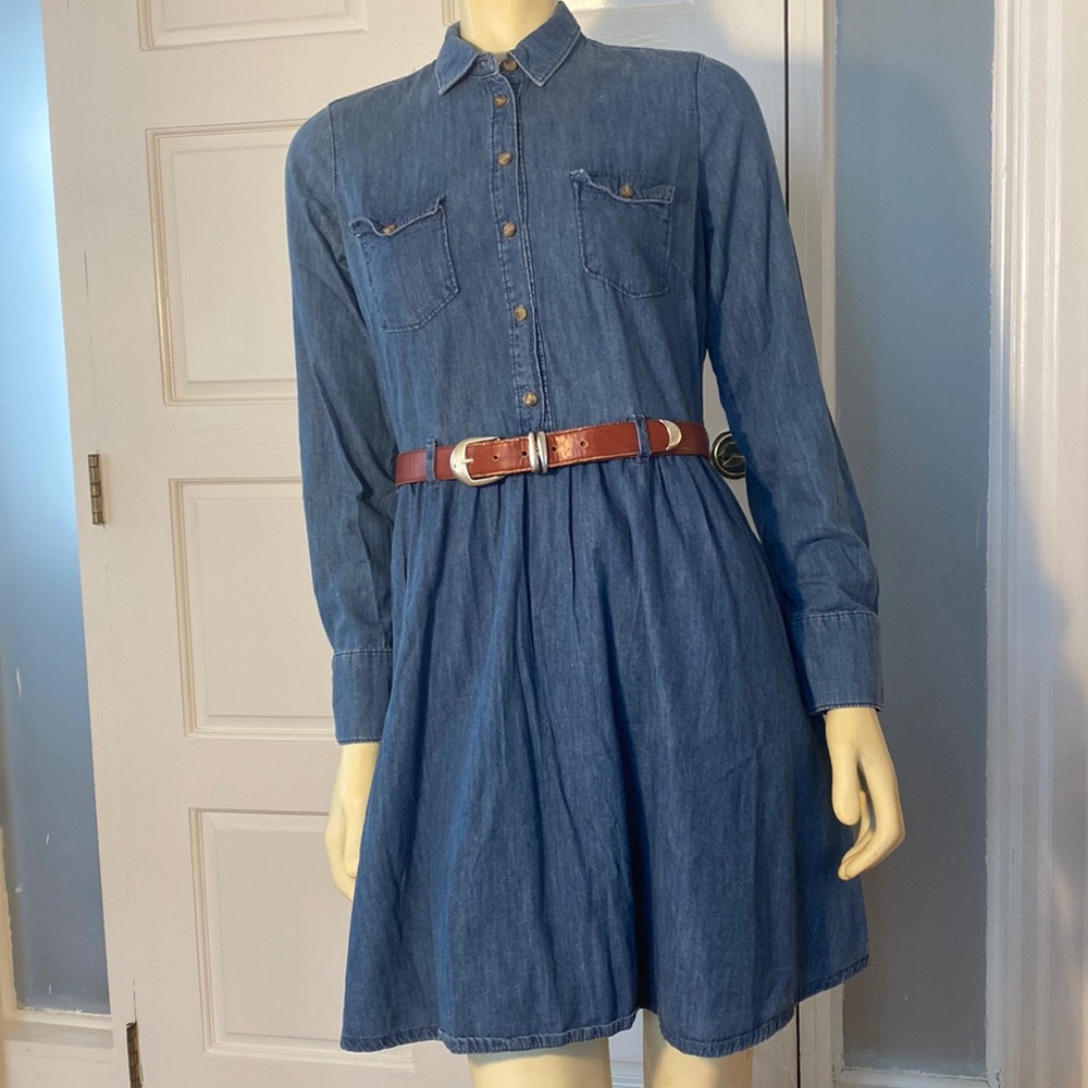 Long sleeve denim chambray jean mini shirt dress